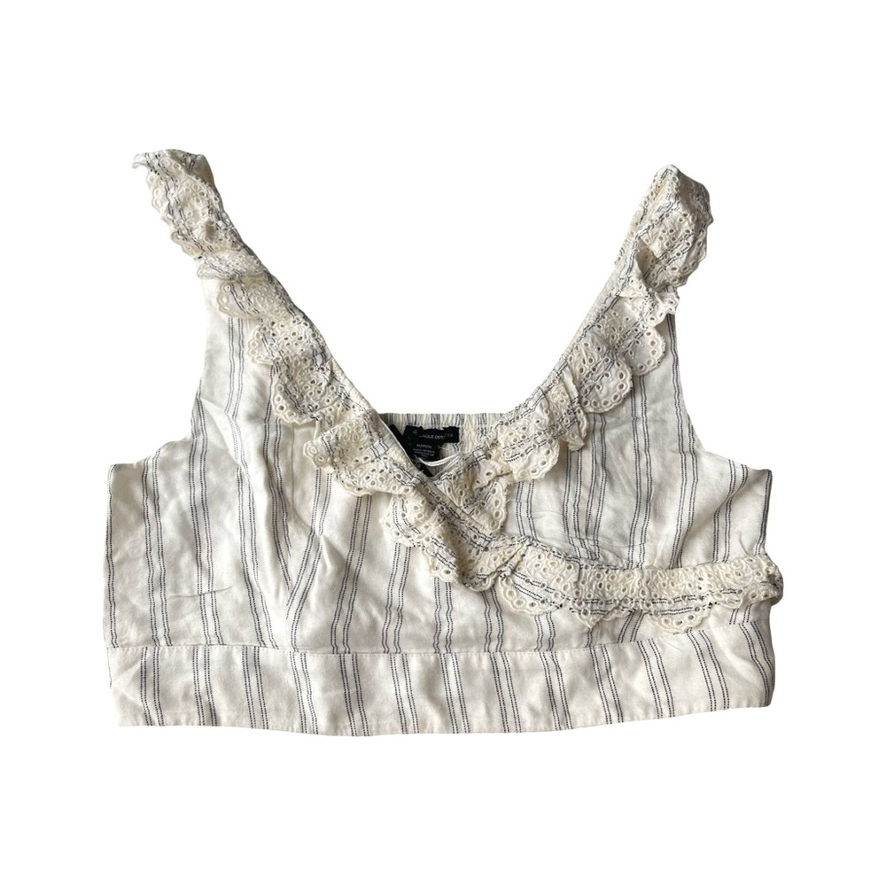 American Eagle White Striped Lace Ruffle Crop Top Medium